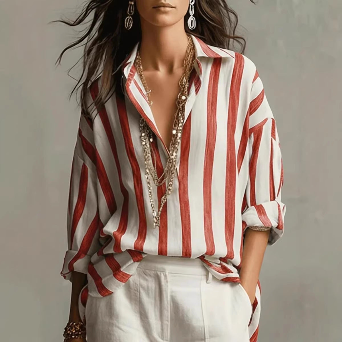 Women's striped collar loose-fitting fashion pullover shirt