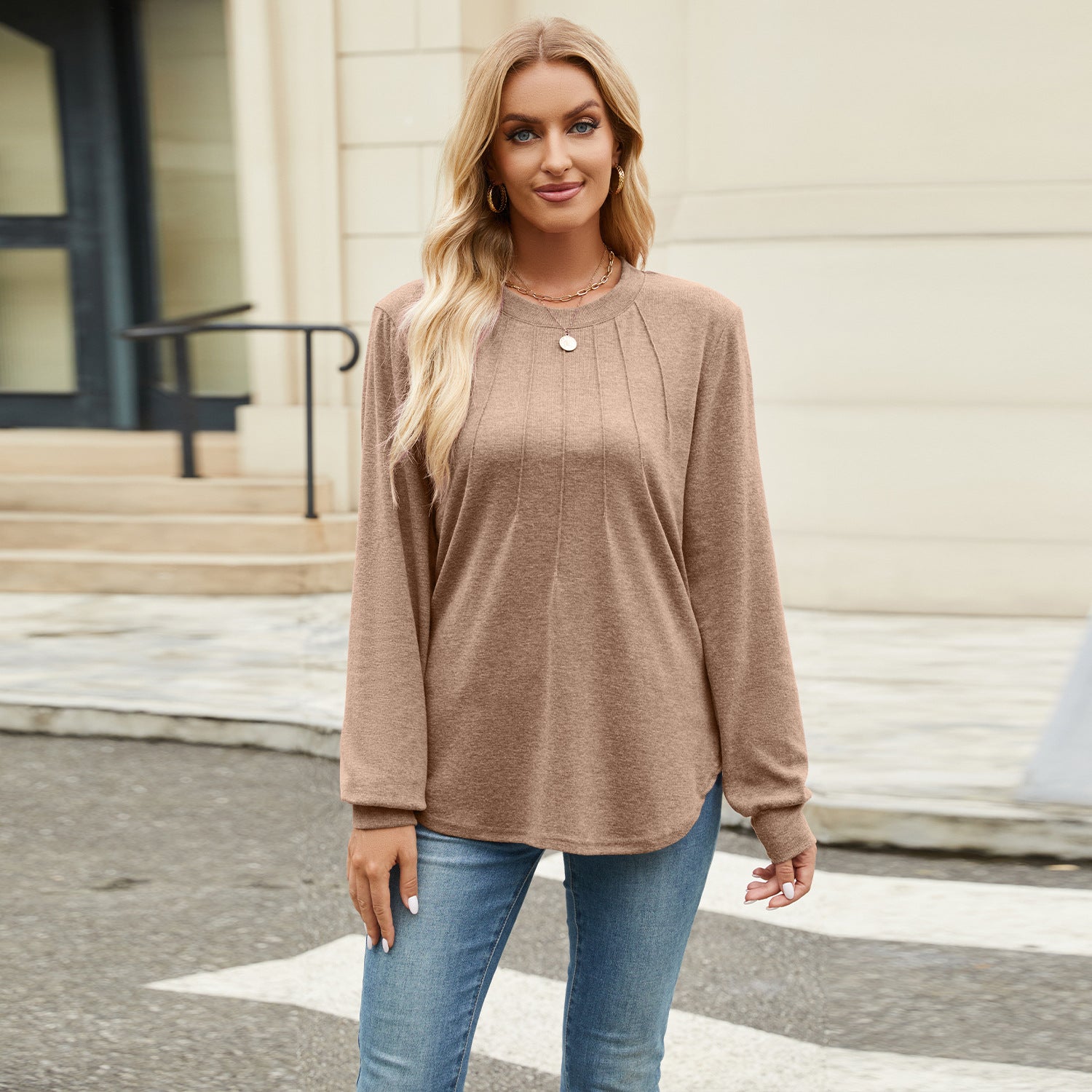 Women's long sleeved top, fashionable and casual round neck
